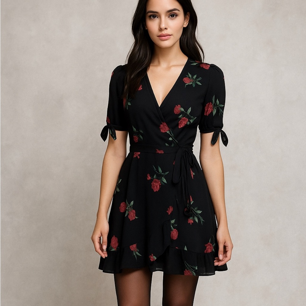 Reformation Black Floral with roses Wrap Mini Dress, XXS-XS